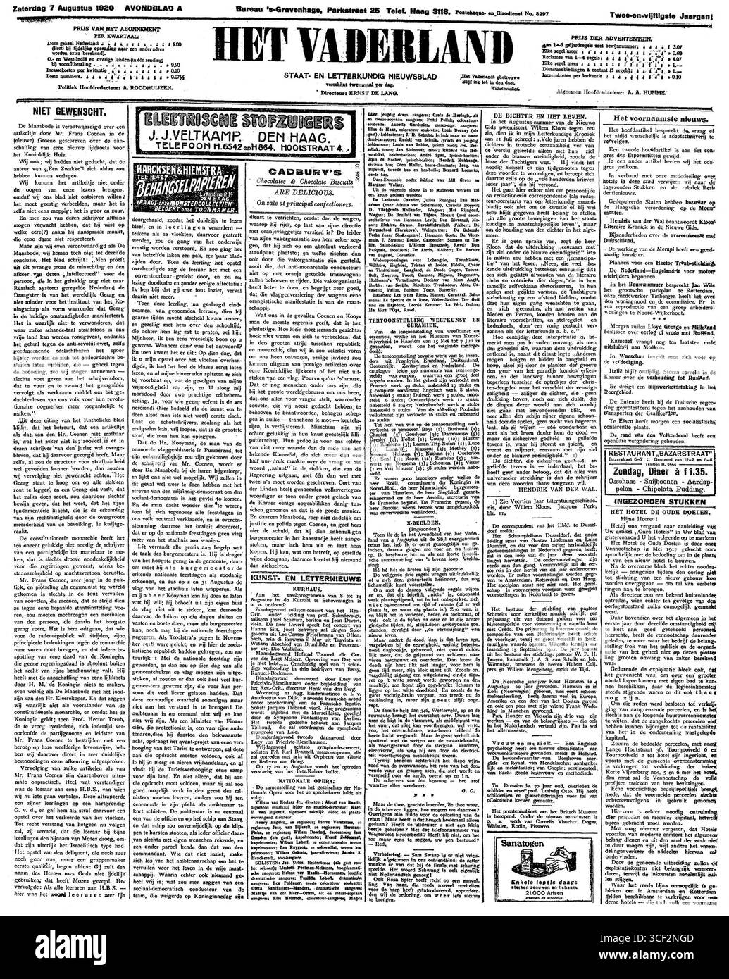 Die erste Seite von „Het Vaderland“ vom 7. August 1920, die Nachrichten aus der Zwischenkriegszeit in den Niederlanden enthält. Der Inhalt der Zeitung spiegelt das politische und soziale Umfeld der damaligen Zeit wider. Stockfoto