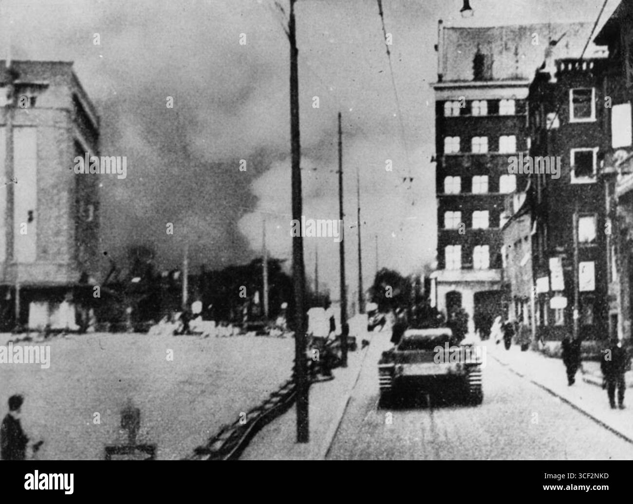 Deutsche Soldaten auf einem Panzer dringen nach dem Bombenanschlag am 14. Mai 1940 in das verwüstete Stadtzentrum von Rotterdam ein. Das Bekleidungsgeschäft von Gerzon ist im Hintergrund zu sehen. Stockfoto