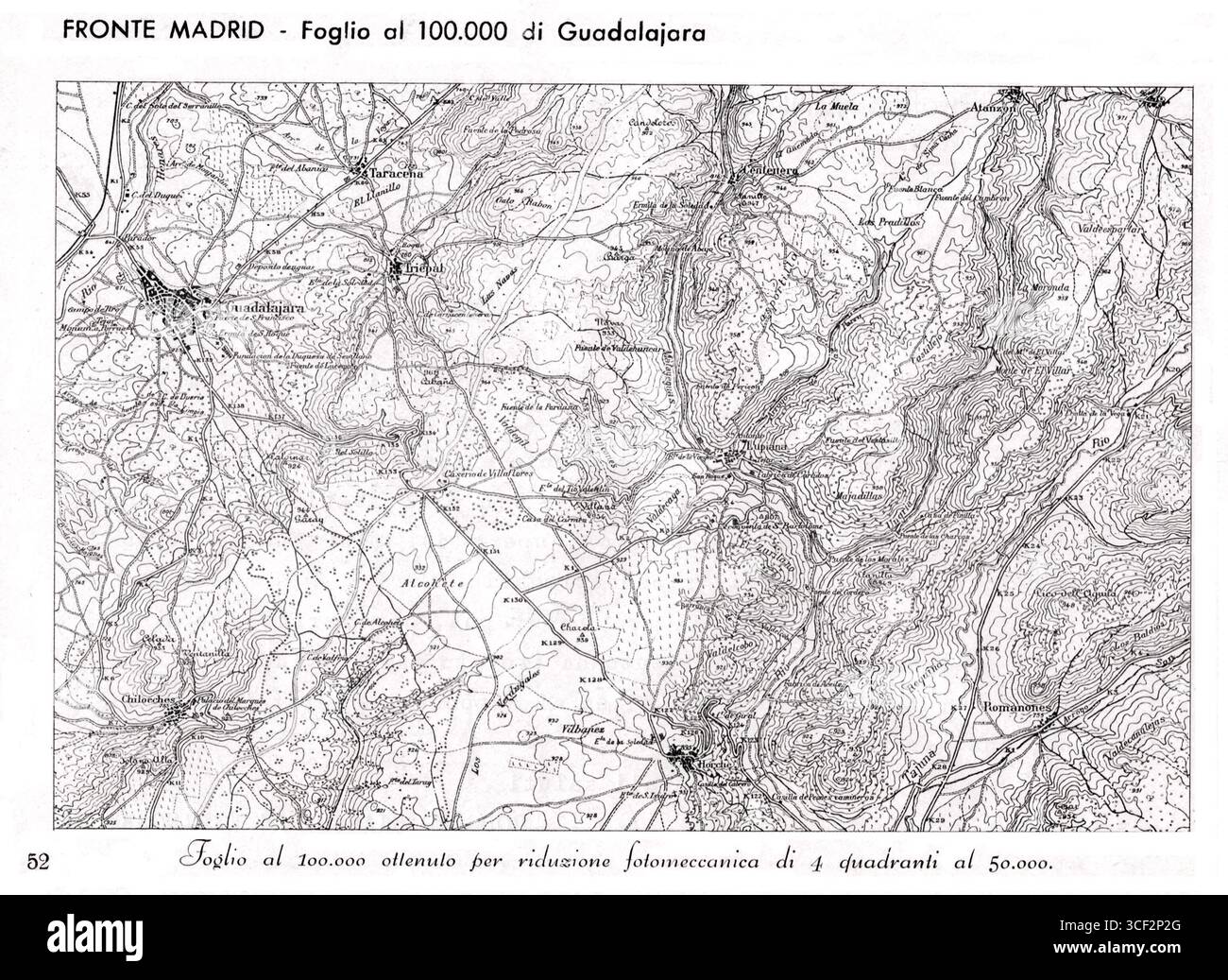 Eine Karte des italienischen Militärgeographischen Instituts um 1937, die einen Teil der Provinz Guadalajara im Maßstab 1:100.000 zeigt. Diese Karte ist eine Reduzierung von vier Blättern der Serie MTN50. Stockfoto