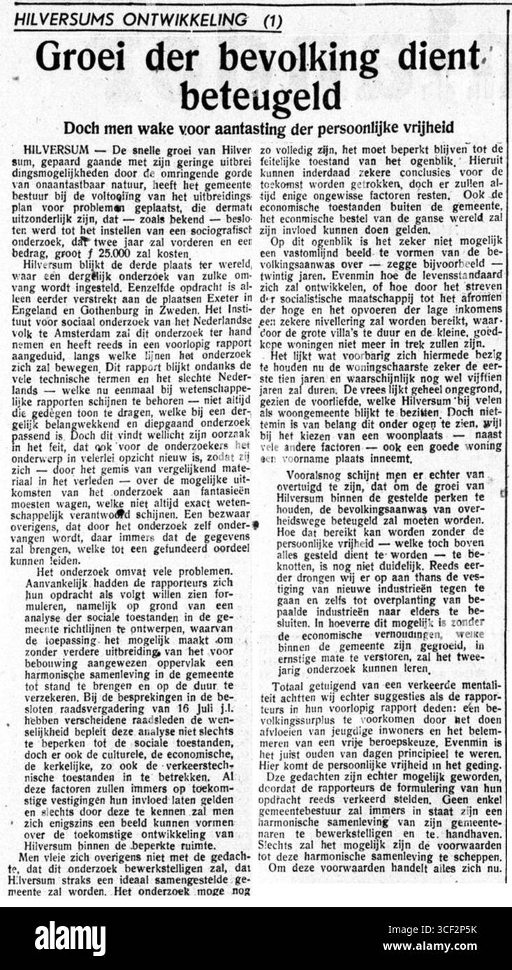 1947 wurde ein Aufruf zur Kontrolle des Bevölkerungswachstums in Hilversum ausgesprochen. In dem Vorschlag wurde die Notwendigkeit von Maßnahmen zur Regulierung der wachsenden Bevölkerung und zur Gewährleistung einer ausgewogenen Stadtentwicklung hervorgehoben. Stockfoto