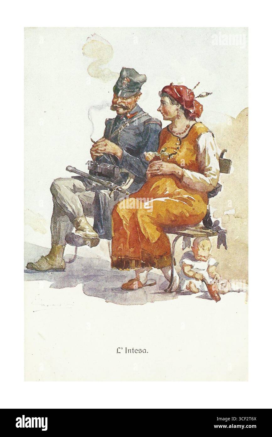 Eine italienische satirische Postkarte aus dem Ersten Weltkrieg mit dem Titel „The Entente“, die humorvoll über die Zusammenarbeit zwischen den Alliierten während des Krieges reflektiert. Es hebt Bündnisse aus der Kriegszeit hervor. Stockfoto