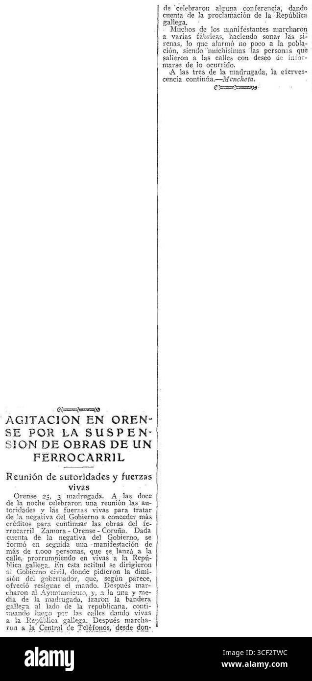 ABC berichtet über die Unruhe in Orense am 25. Juni 1931, die durch die Einstellung des Eisenbahnbaus ausgelöst wurde, was zu politischen Unruhen und öffentlichen Protesten in der Region führte. Stockfoto