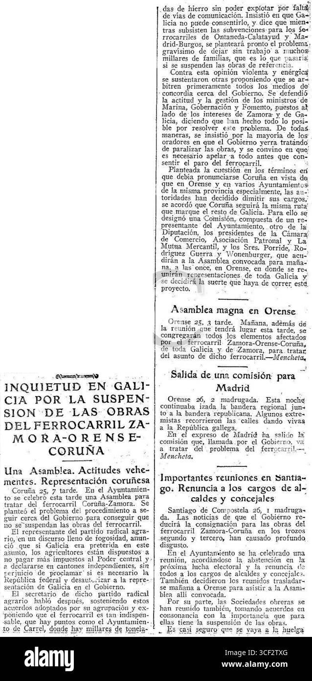 ABC berichtet über die wachsenden Unruhen in Galicien am 26. Juni 1931, die aufgrund der Aussetzung des Eisenbahnprojekts Zamora-Orense-Coruña entstanden waren, was zu Frustration und Spannungen in der Region führte. Stockfoto