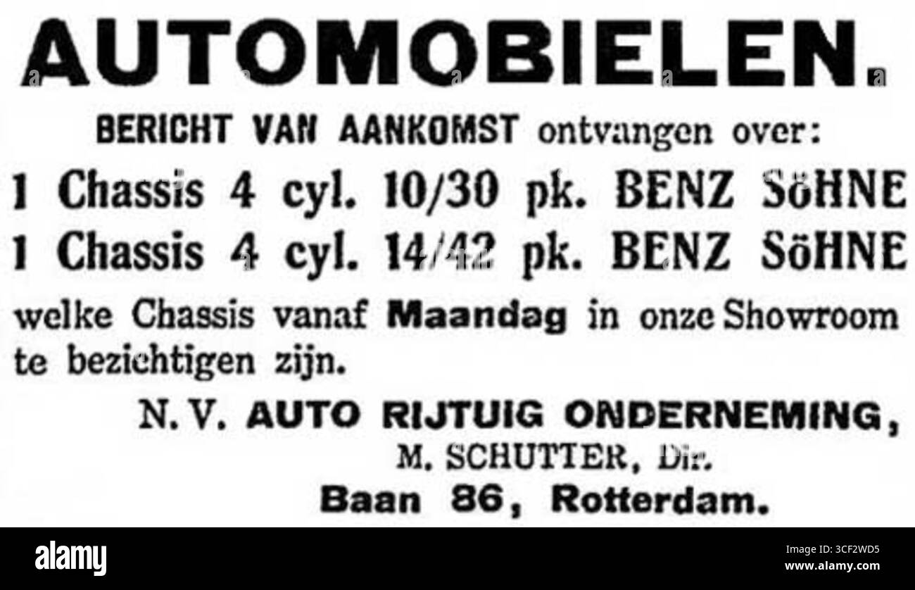 Eine Mitteilung von 1916 aus Rotterdam, die die Ankunft von zwei Benz Söhne Fahrgestell, Teil der Automobillinie von Carl Benz und seinen Söhnen von 1906 bis 1926, meldete. Stockfoto