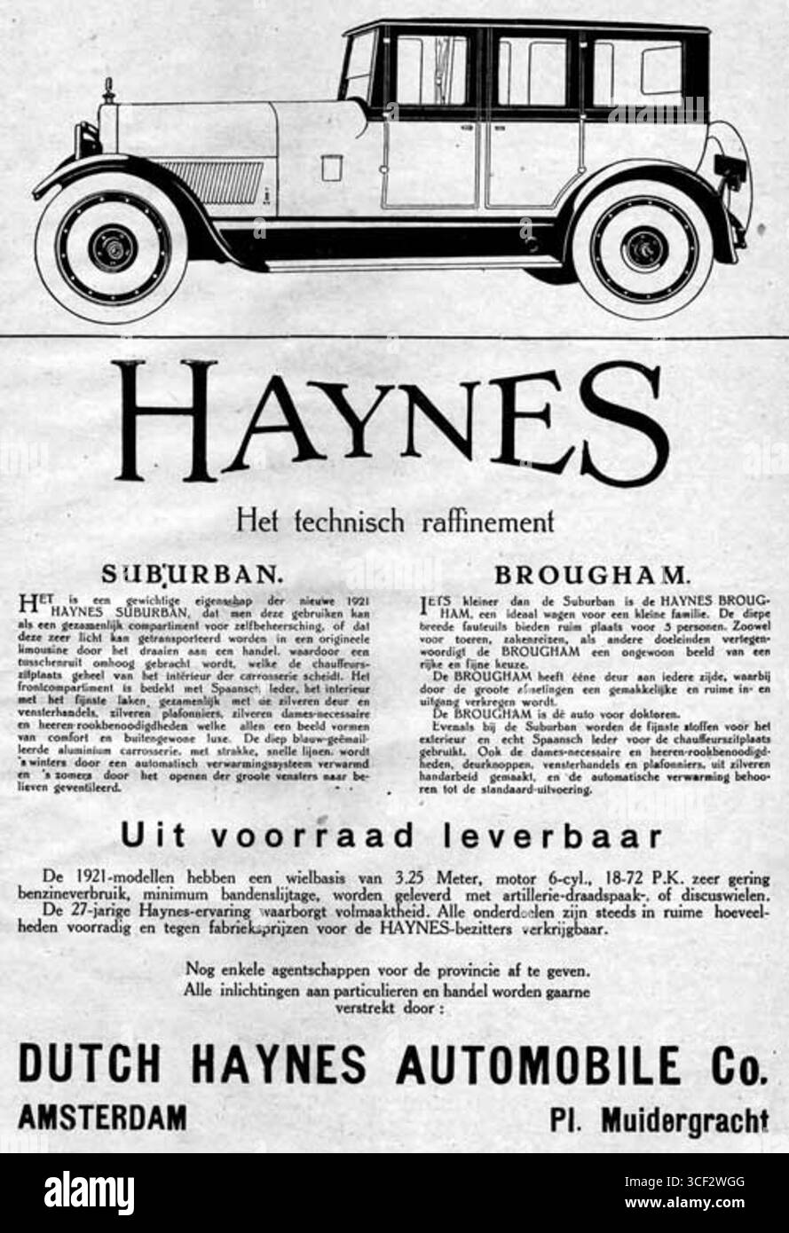 April 1921 Werbung der niederländischen Haynes Automobile Company in Amsterdam für amerikanische Haynes-Fahrzeuge. Stockfoto