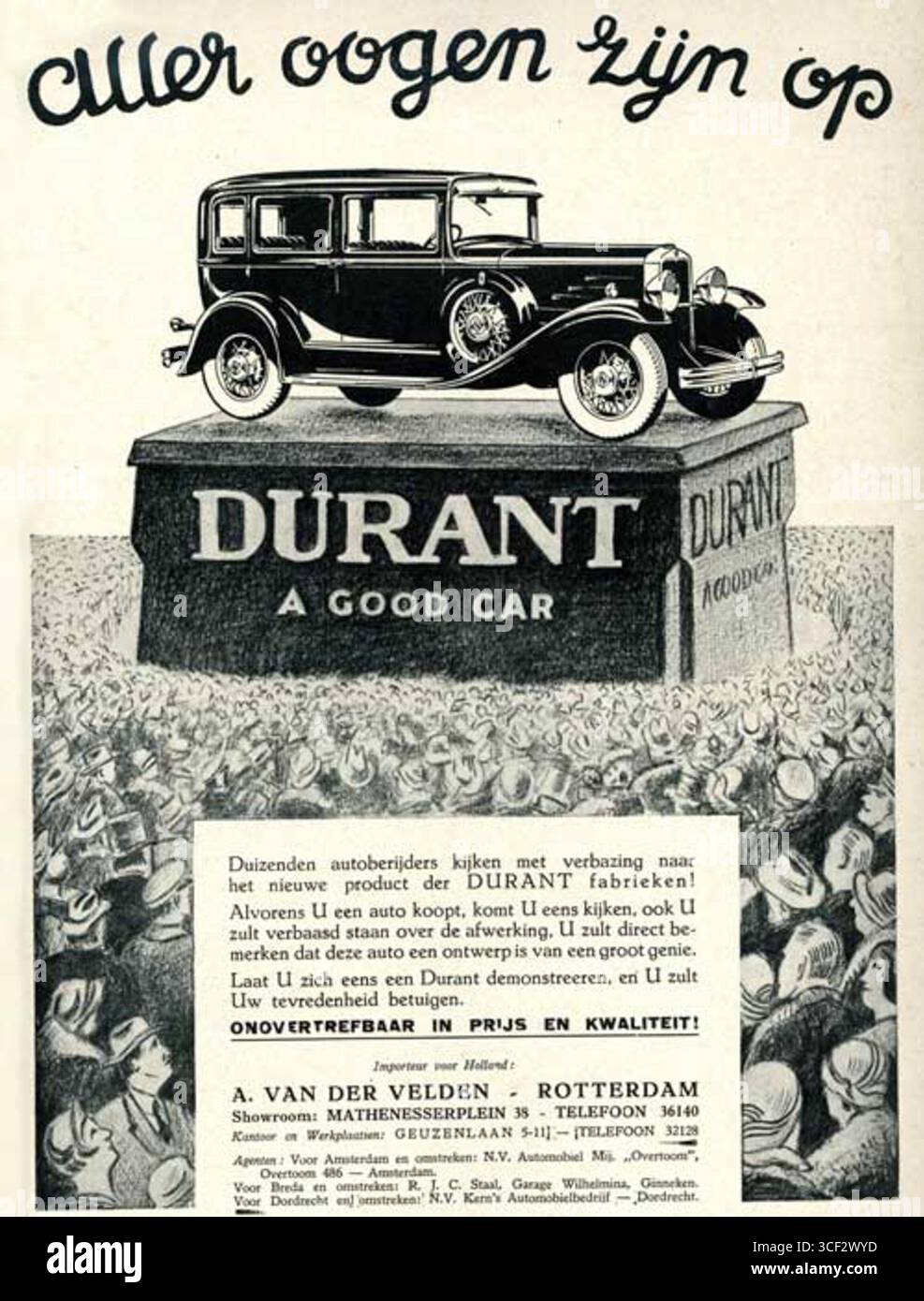 Juni 1930 Werbung von A. van der Velden in Rotterdam für amerikanische Durant-Automobile auf dem niederländischen Markt. Stockfoto