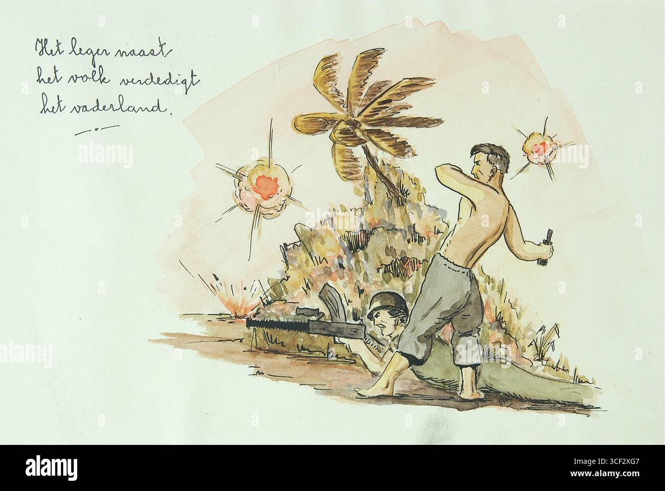 Die Zeichnung „Twee soldaten in de aanval“ aus dem Jahr 1949 zeigt einen lügenden Soldaten mit einem Maschinengewehr und einen stehenden Soldaten mit einer Handgranate. Der Text oben lautet: "Die Armee verteidigt neben dem Volk das Heimatland." Das Kunstwerk misst 16 x 23 cm. Stockfoto