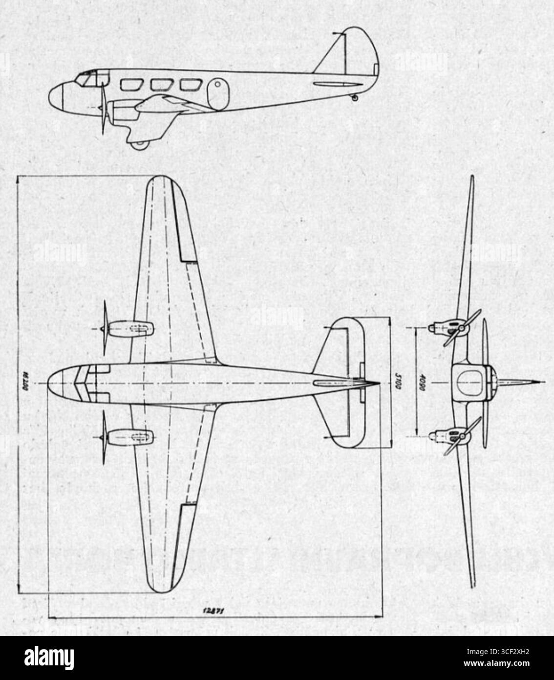 Eine Skizze vom November 1935 des Flugzeugs Caproni um 308 Borea, veröffentlicht im tschechischen Luftfahrtmagazin Letectví. Stockfoto