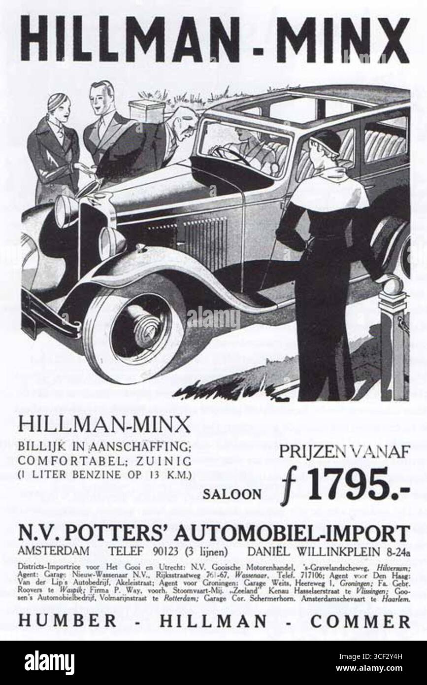 Diese Werbung für Hillman (GB) aus dem Jahr 1933 zeigt das Minx-Modell, das von Potters Automobiel Import in Amsterdam importiert wurde. Er unterstreicht die Verfügbarkeit des Fahrzeugs in Europa und die Rolle des Importeurs beim Vertrieb britischer Autos in den Niederlanden. Stockfoto