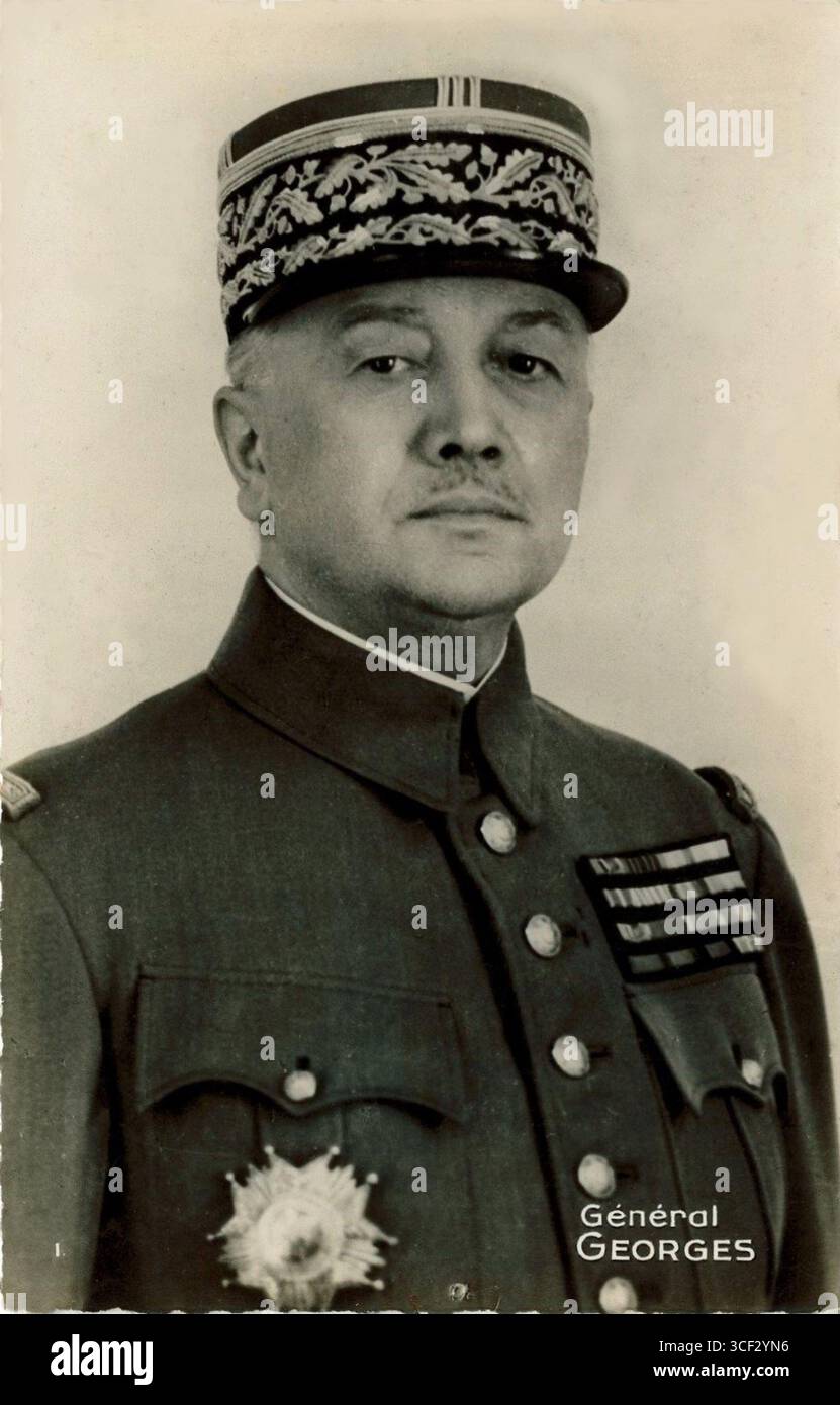 Diese alte Postkarte zeigt General Alphonse Georges, einen prominenten französischen Militärführer um 1939. Georges ist vor allem für seine Führung im Zweiten Weltkrieg bekannt Stockfoto