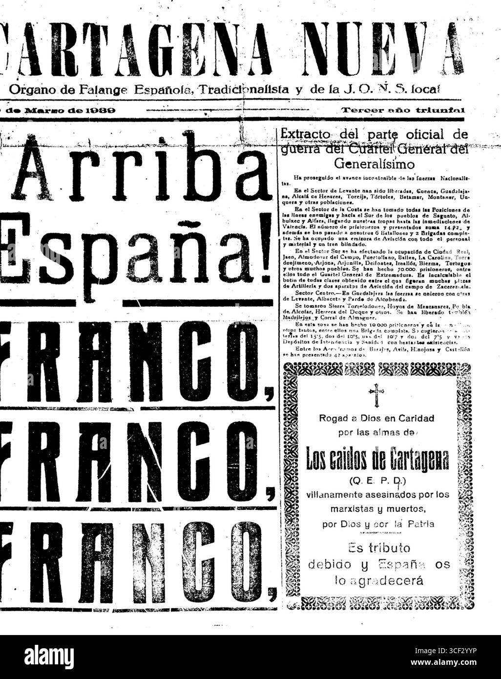 Titelseite der Zeitung Cartagena Nueva vom 30. März 1939 nach der Besetzung Cartagenas durch nationalistische Truppen während des Spanischen Bürgerkriegs. Die Zeitung spiegelt den politischen Wandel unter Francos Regime wider. Stockfoto
