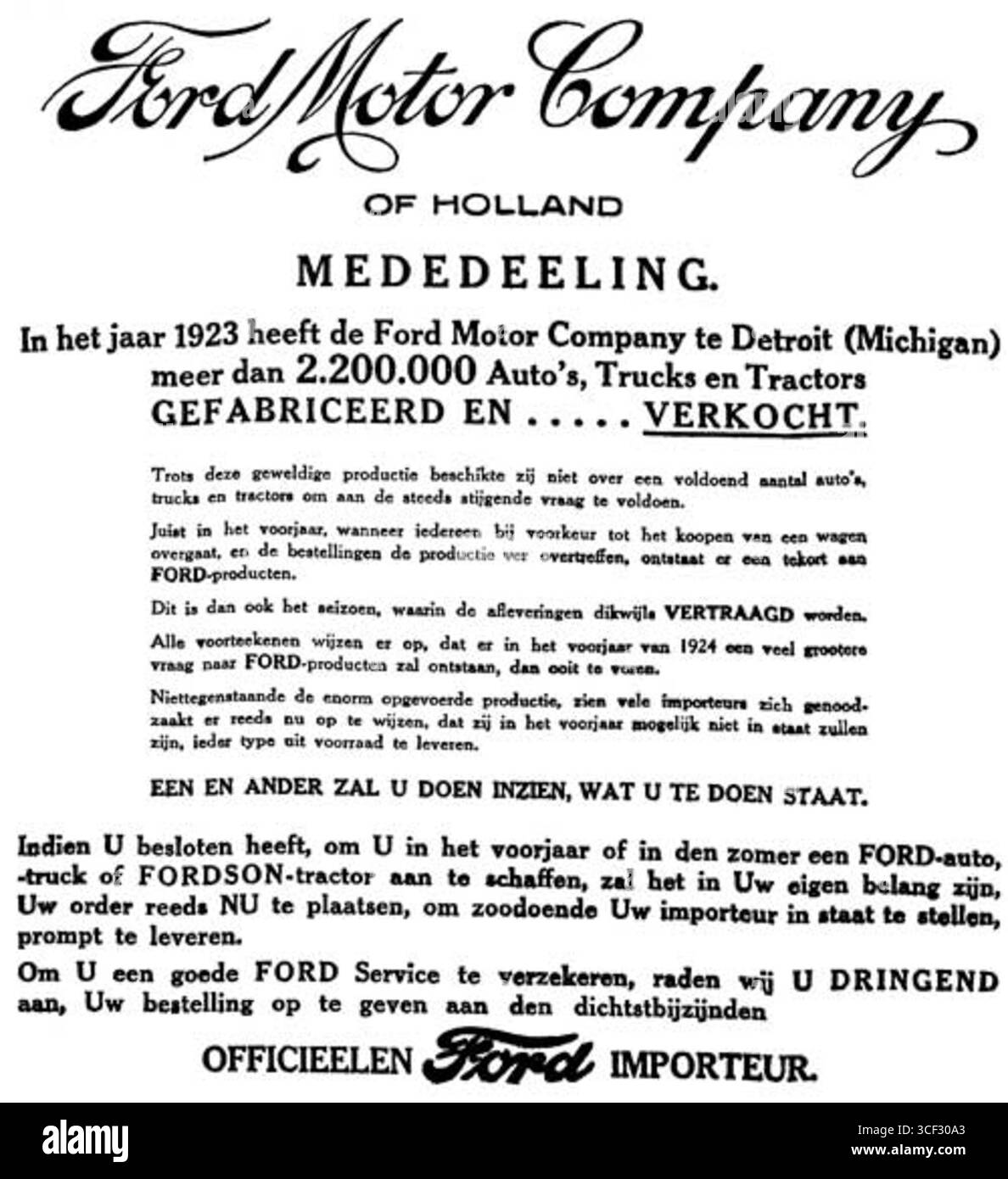 Ford Motor Co. Aus Holland warb am 24. Februar 1924 in Rotterdam für ihre Autos. Stockfoto