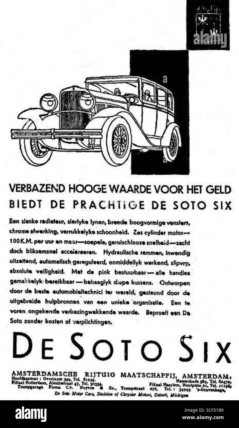 Eine DeSoto-Werbeanzeige vom 9. August 1929, in der das stilvolle Design und die technischen Fortschritte des Fahrzeugs vorgestellt werden, die in den 1920er Jahren beliebt waren Stockfoto