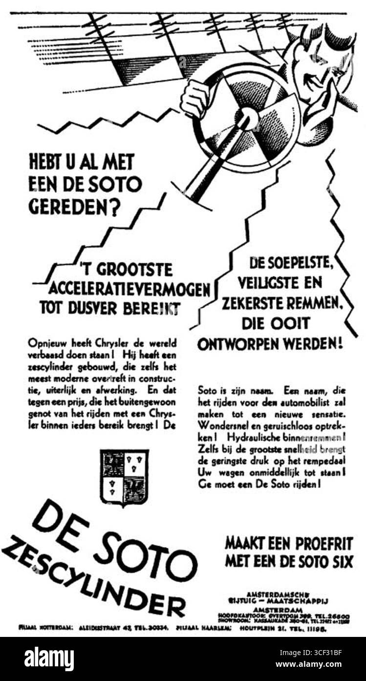 DeSotos Werbespot vom 14. Dezember 1928 hebt das moderne Design und die Technik des Fahrzeugs hervor und betont die Merkmale, die es in den späten 1920er Jahren zu einer beliebten Wahl machten Stockfoto