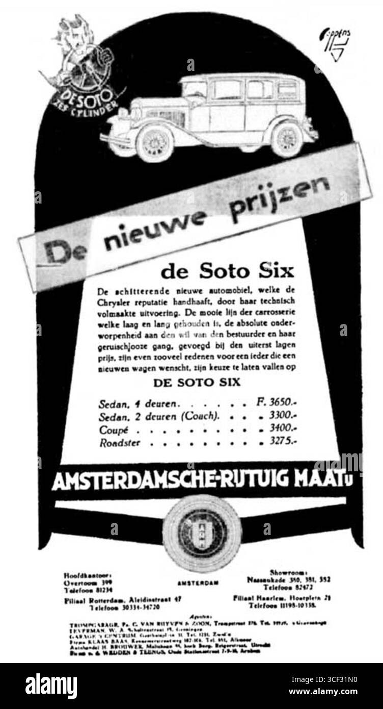 DeSoto, ein US-amerikanischer Automobilhersteller, behielt die offizielle Schreibweise von „DeSoto“ ab seiner Markteinführung bei. Häufig wurde jedoch auch 'de Soto' mit einem Raum genutzt. Dieses Modell wurde am 4. Januar 1930 in Amsterdam von A.R.M. vorgestellt Stockfoto
