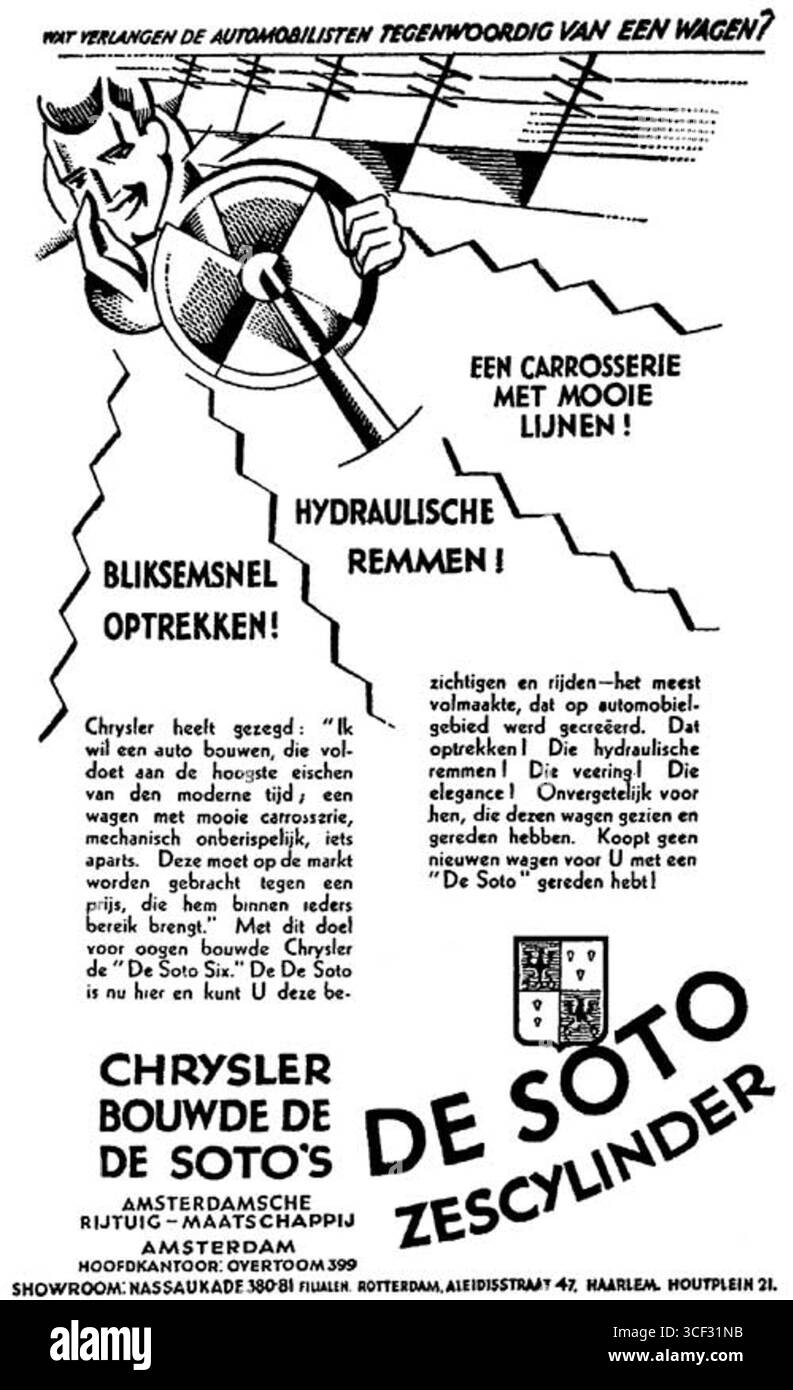 DeSoto, eine US-amerikanische Automobilmarke, wurde von Anfang an offiziell als „DeSoto“ geschrieben, obwohl es allgemein als „de Soto“ mit zwei Wörtern geschrieben wurde. Das Fahrzeug wurde am 23. November 1928 in Amsterdam von A.R.M. vorgestellt Stockfoto