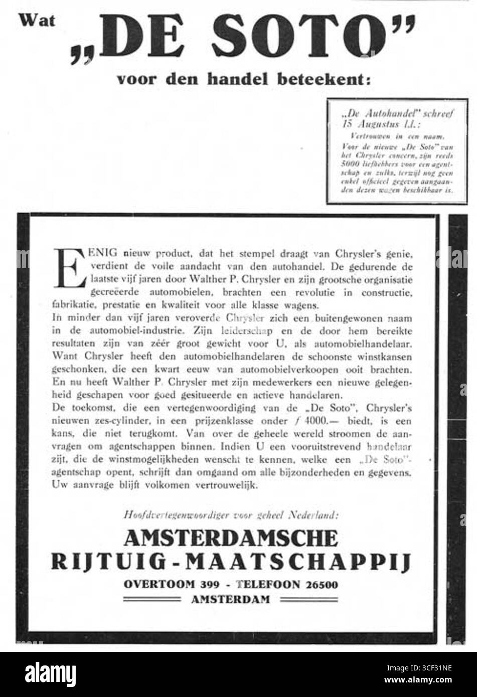 DeSoto, die US-amerikanische Automobilmarke, hatte ihren offiziellen Namen als „DeSoto“ in einem Wort geschrieben, obwohl er oft mit zwei Wörtern als „de Soto“ geschrieben wurde. Dieses Modell wurde 1930 von A.R.M. in Amsterdam vorgestellt Stockfoto