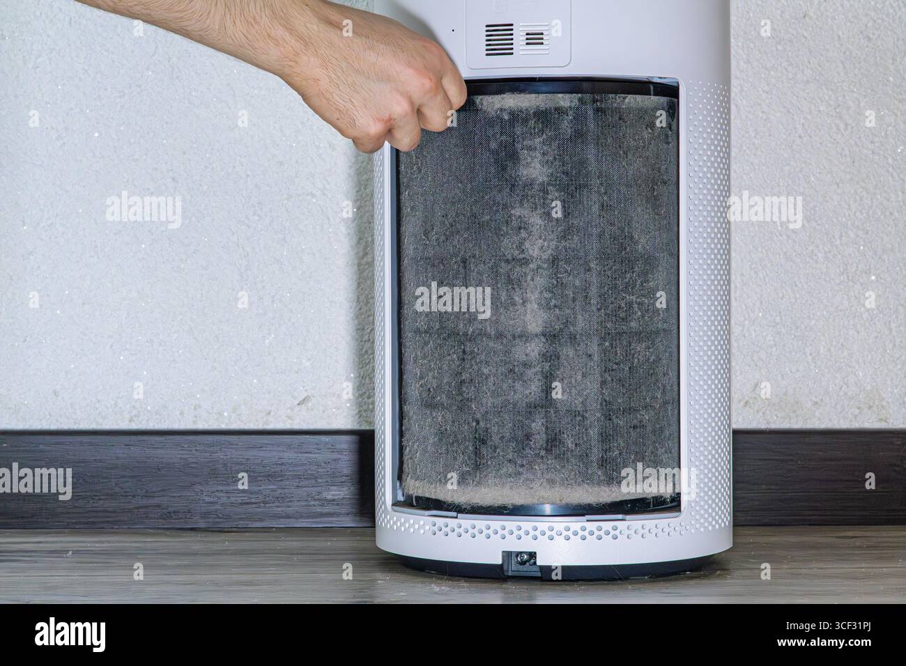 Nahaufnahme einer Person, die einen verschmutzten, staubbedeckten Luftfilter aus einem Haushaltsluftreiniger entfernt. Der Filter ist durch Staub, Schmutz und Tierhaare verstopft Stockfoto