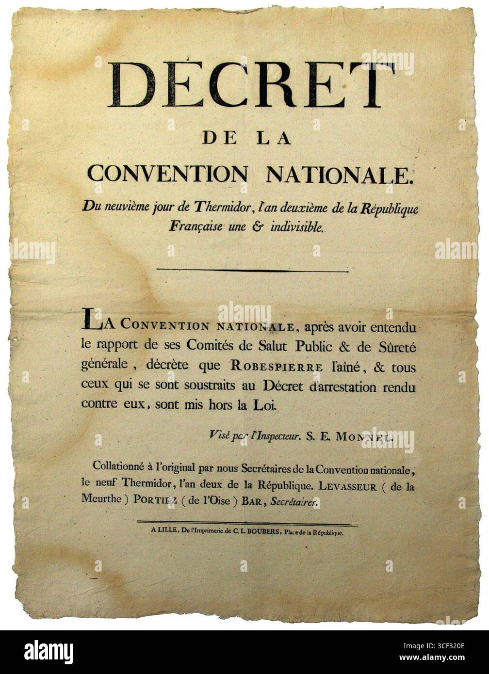 Das Dekret des Nationalkonvents vom 9. Thermidor (27. Juli 1794) Verbot Robespierre und seine Verbündeten rechtlich. Dies war ein bedeutender Wendepunkt in der Französischen Revolution. Stockfoto