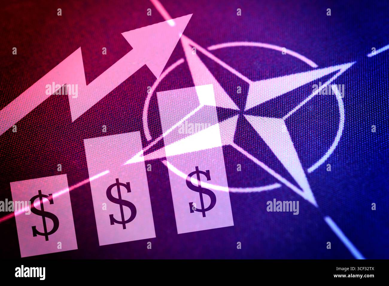 NATO-Flagge mit steigendem Balkendiagramm, symbolisches Foto für steigende Verteidigungsausgaben, Fotomontage Stockfoto