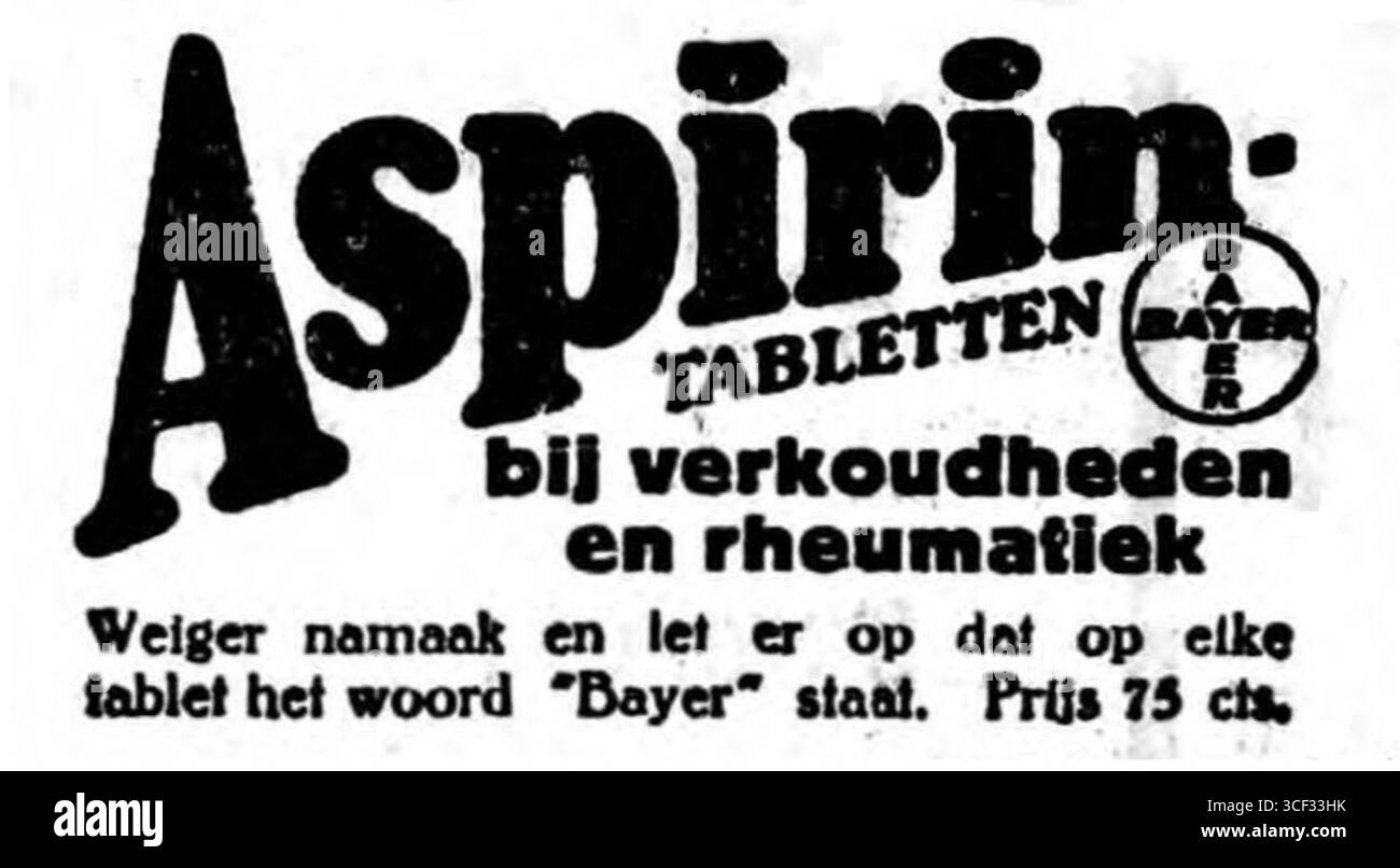 1930 erschien eine Werbung für Asperintabletten in der Zeitung de Amsterdammer. Der Werbespot spiegelt die Verwendung von Printmedien im Marketing des frühen 20. Jahrhunderts wider. Stockfoto
