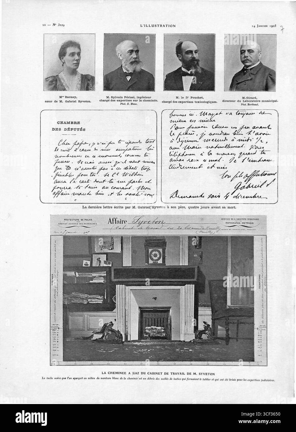 Diese Illustration des Magazins L’Illustration vom 14. Januar 1905 beschreibt die Syveton-Affäre, einen bedeutenden politischen Skandal, an dem der französische Politiker Gabriel Syveton beteiligt war, der wegen politischer Kontroversen verhaftet wurde. Stockfoto