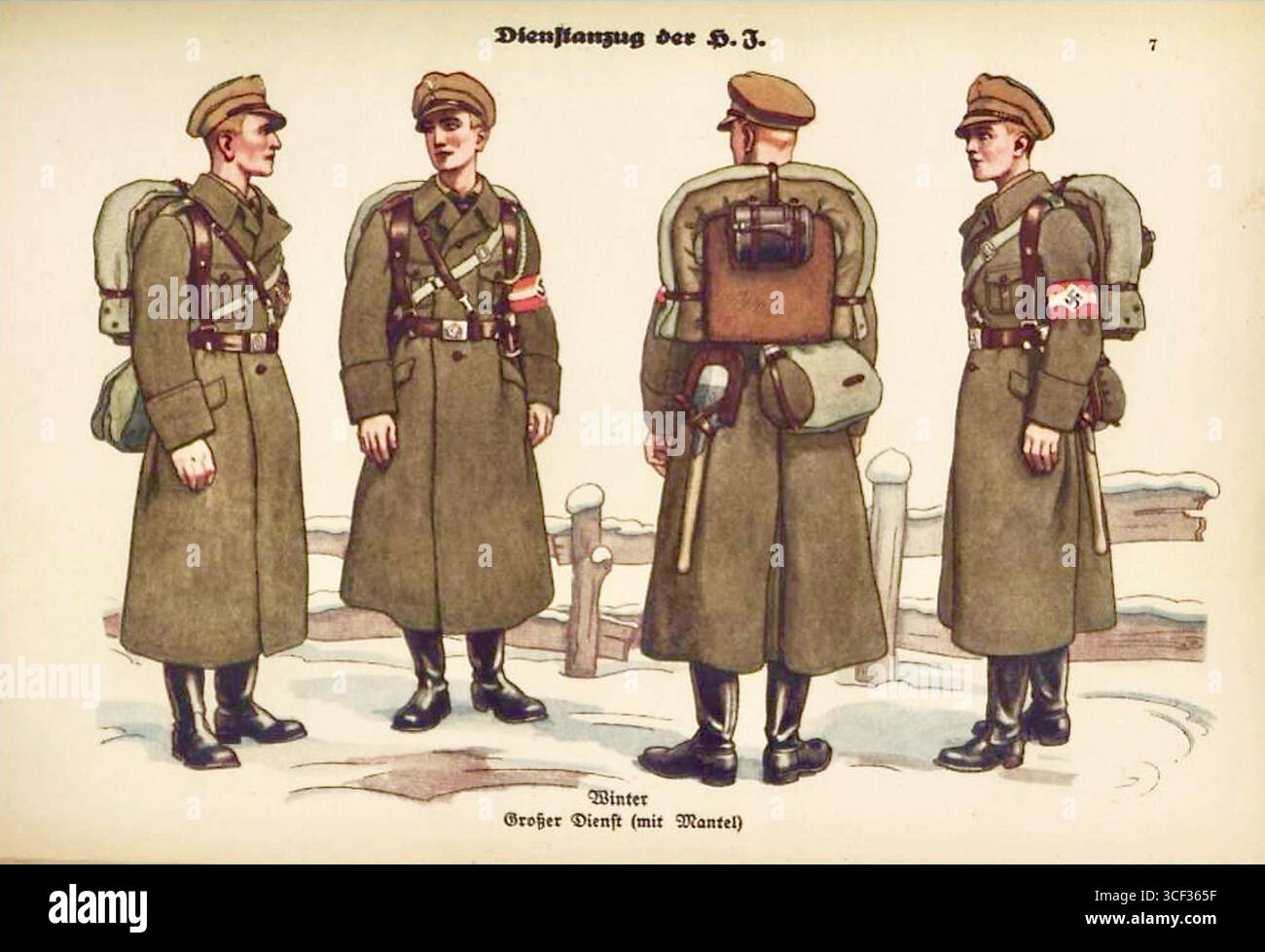 Winteruniform der Hitlerjugend aus „die Uniformen der HJ“ mit dem großen Dienstmantel. Diese offizielle Uniformkarte wurde von der NSDAP für die Hitlerjugend Anfang der 1930er Jahre veröffentlicht Stockfoto