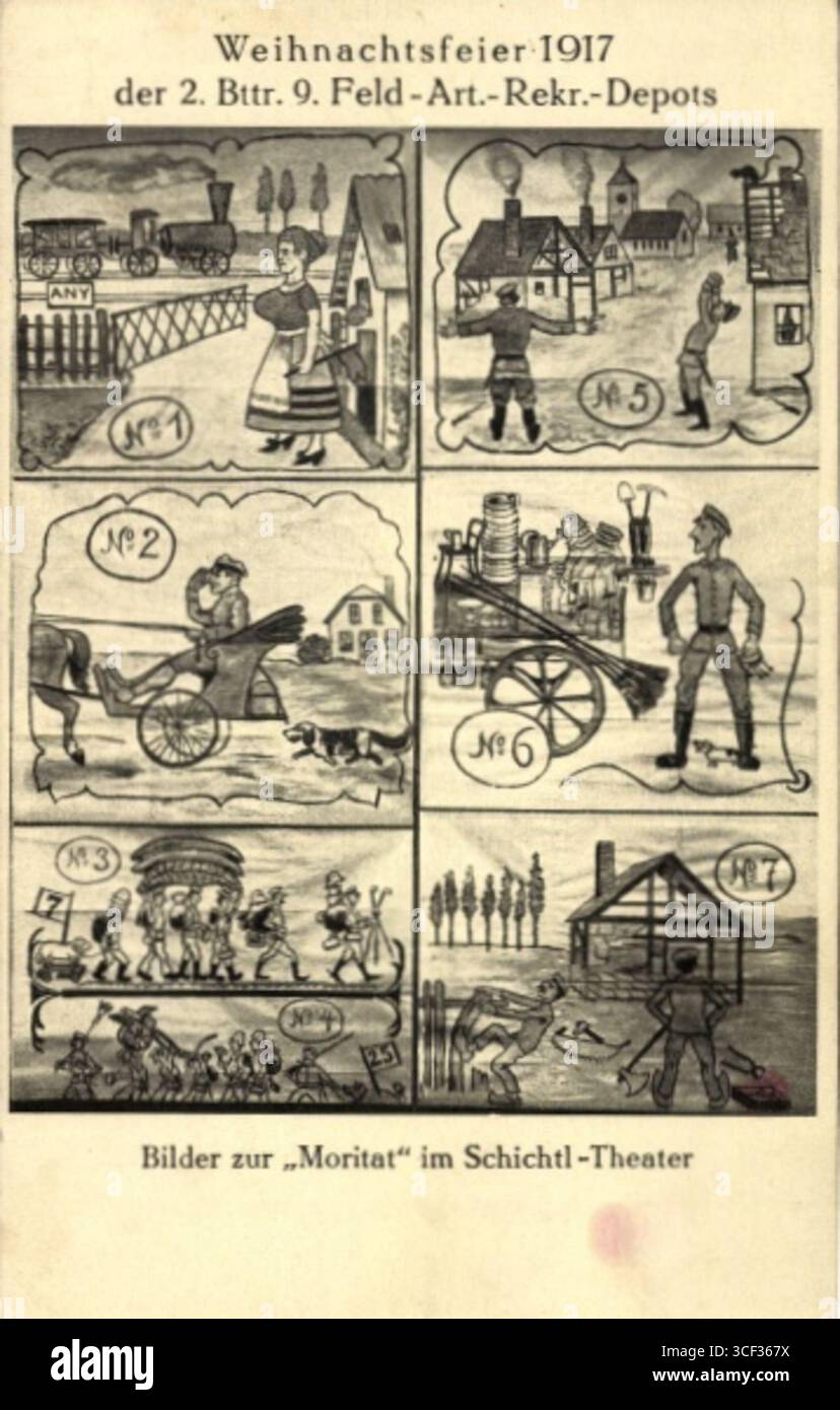 Postkarte mit Szenen aus einer Weihnachtsfeier im Recruit Depot der 2nd Battery 9th Field Artillery, die im Dezember 1917 stattfand, mit Bildern aus dem Moritat im Schichtl Theater. Stockfoto