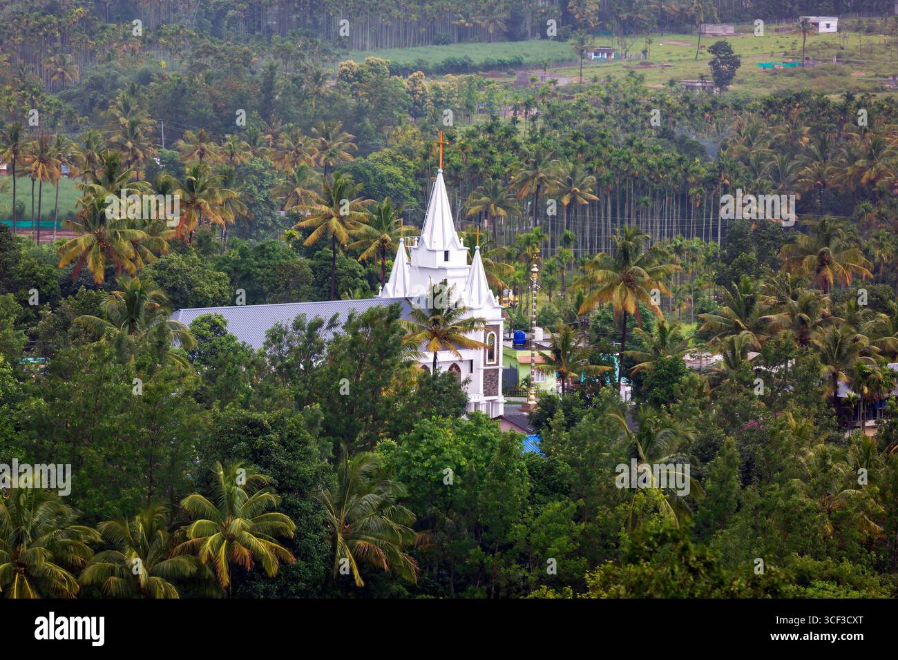 Aus der Vogelperspektive auf ein wunderschönes Walddorf in der Nähe der Berge in Kanthalloor, Munnar, Kerala, Indien. Die malerische Landschaft bietet üppiges Grün und Nebel Stockfoto