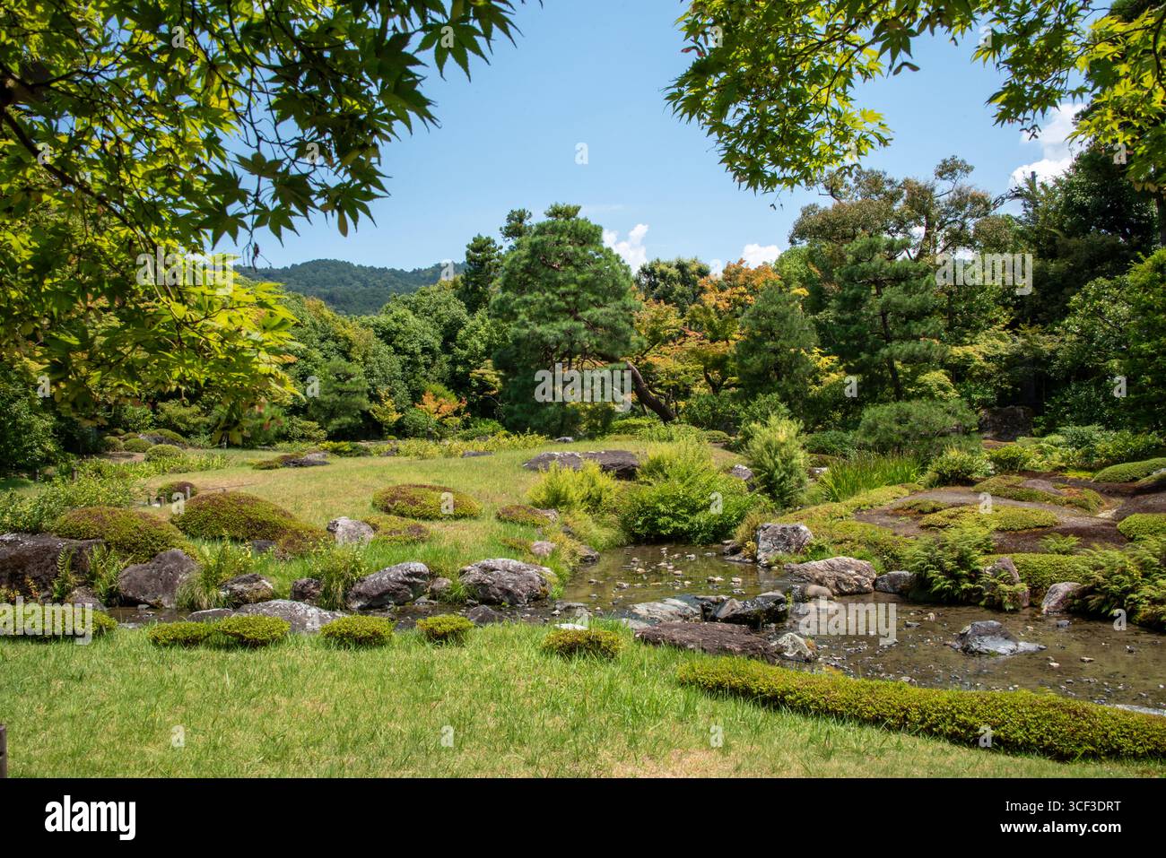 Malerischer Blick auf den japanischen Garten Murin-an in Kyoto, Japan, mit traditioneller Landschaftsgestaltung, Bäumen und historischem Kulturerbe in einer ruhigen Umgebung Stockfoto