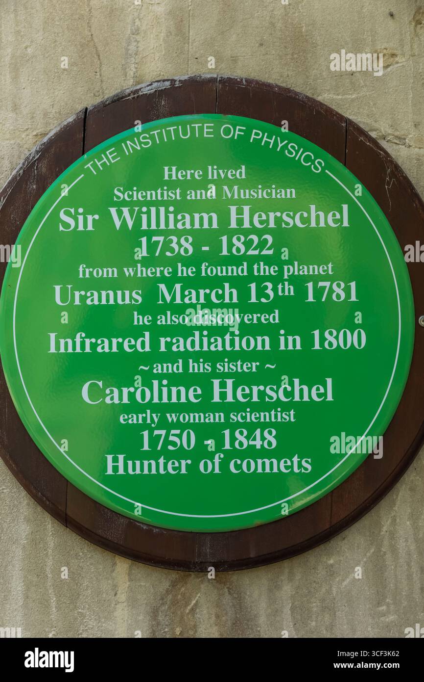 England, Somerset, Bath, Herschel Museum of Astronomy, das Institute of Physics Green Plaque, die Sir William Herschel und seine Schwester Caroline Hershel kommoriert Stockfoto
