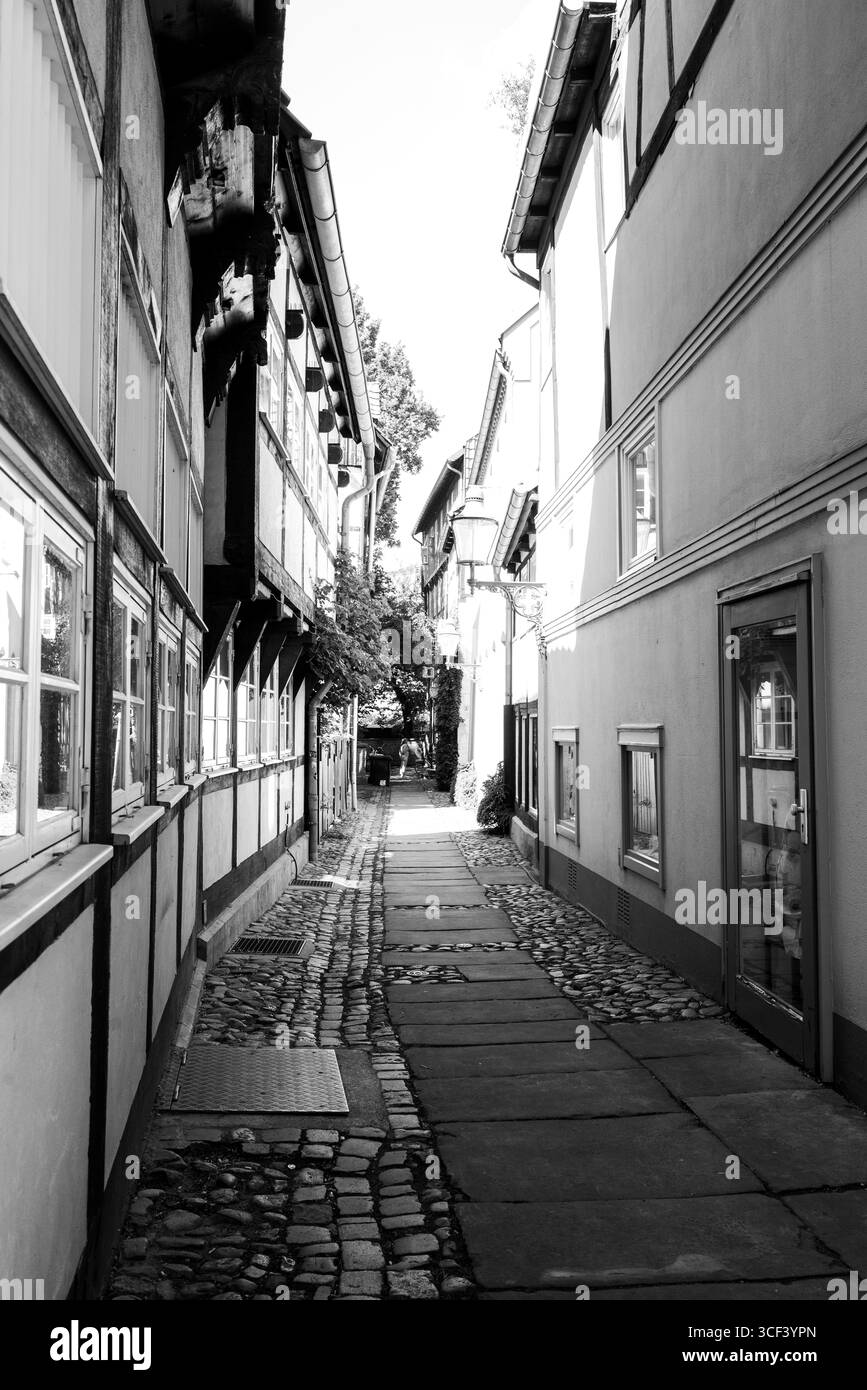 Ein Schwarzweißfoto einer engen kopfsteingepflasterten Gasse, umgeben von traditionellen Fachwerkhäusern in einer historischen europäischen Stadt. Stockfoto