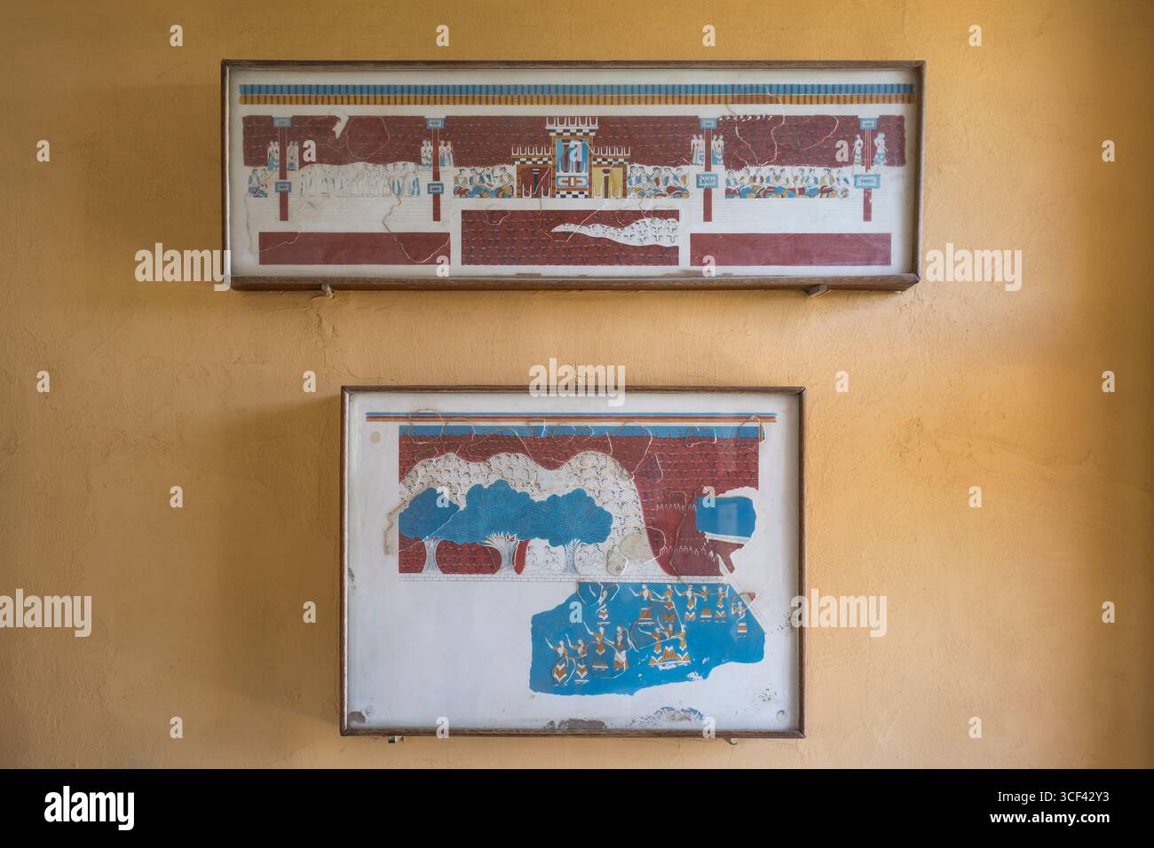Wandmalerei, minoischer Palast von Knossos, in der Nähe von Iraklion (Heraklion), Kreta, Griechenland, Europa Stockfoto