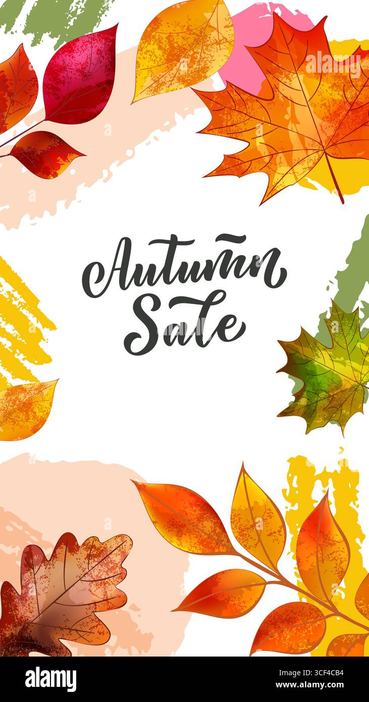 Vertikaler Vektor-Bannerrahmen mit Herbsteiche, Ahorn, Eschenblätter und Aquarellpinsel. Herbstdesign-Elemente für saisonalen Hintergrund, soziale Medien Stock Vektor