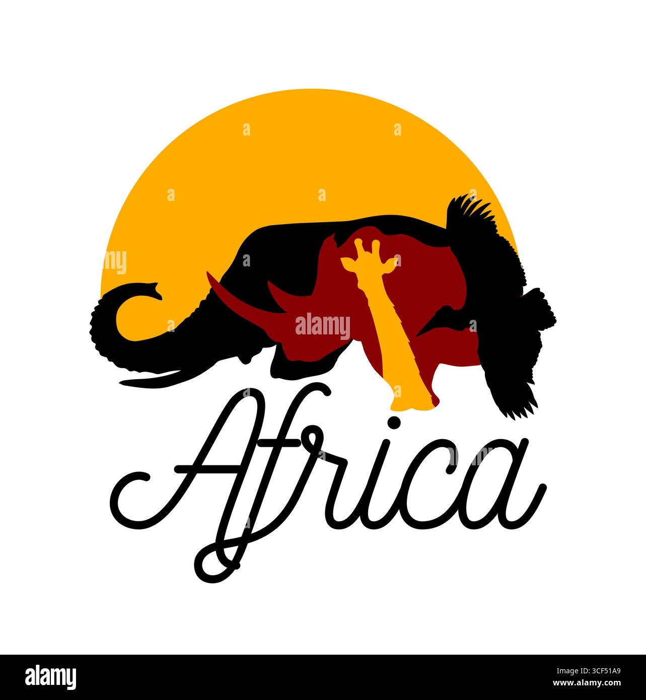 Silhouette eines Elefanten mit Sonnenuntergang, Logo. Logo Afrika Tiersilhouetten. Handzeichnung. Nicht AI. Auf einem T-Shirt drucken. Vektorabbildung Stock Vektor