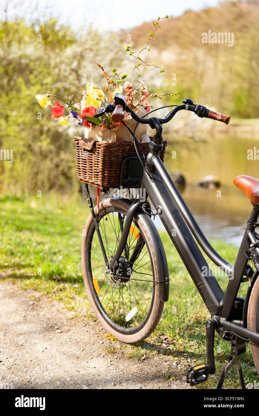 Ein Fahrrad mit bunten Blumen gefüllten Korb steht auf einem Weg in einer idyllischen Frühlingslandschaft. Sonnige Fahrradtour im Hintergrund für umweltfreundlichen Tourismus, Freizeit und Lifestyle. Leerzeichen für Text. Stockfoto