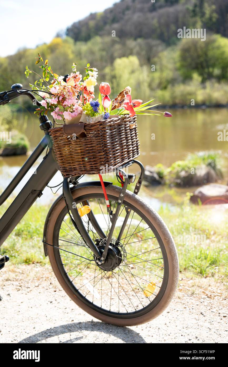 Ein Fahrrad mit bunten Blumen und mit Baguette gefülltem Korb steht auf einem Weg in einer idyllischen Frühlingslandschaft. Sonnige Fahrradtour im Hintergrund für umweltfreundlichen Tourismus, Freizeit und Lifestyle. Leerzeichen für Text. Stockfoto