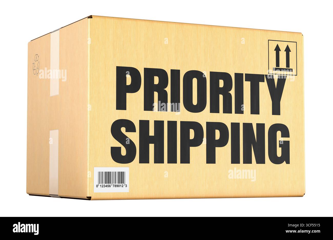 Prioritätenversandkonzept mit Paket, Karton. 3D-Rendering isoliert auf weißem Hintergrund Stockfoto