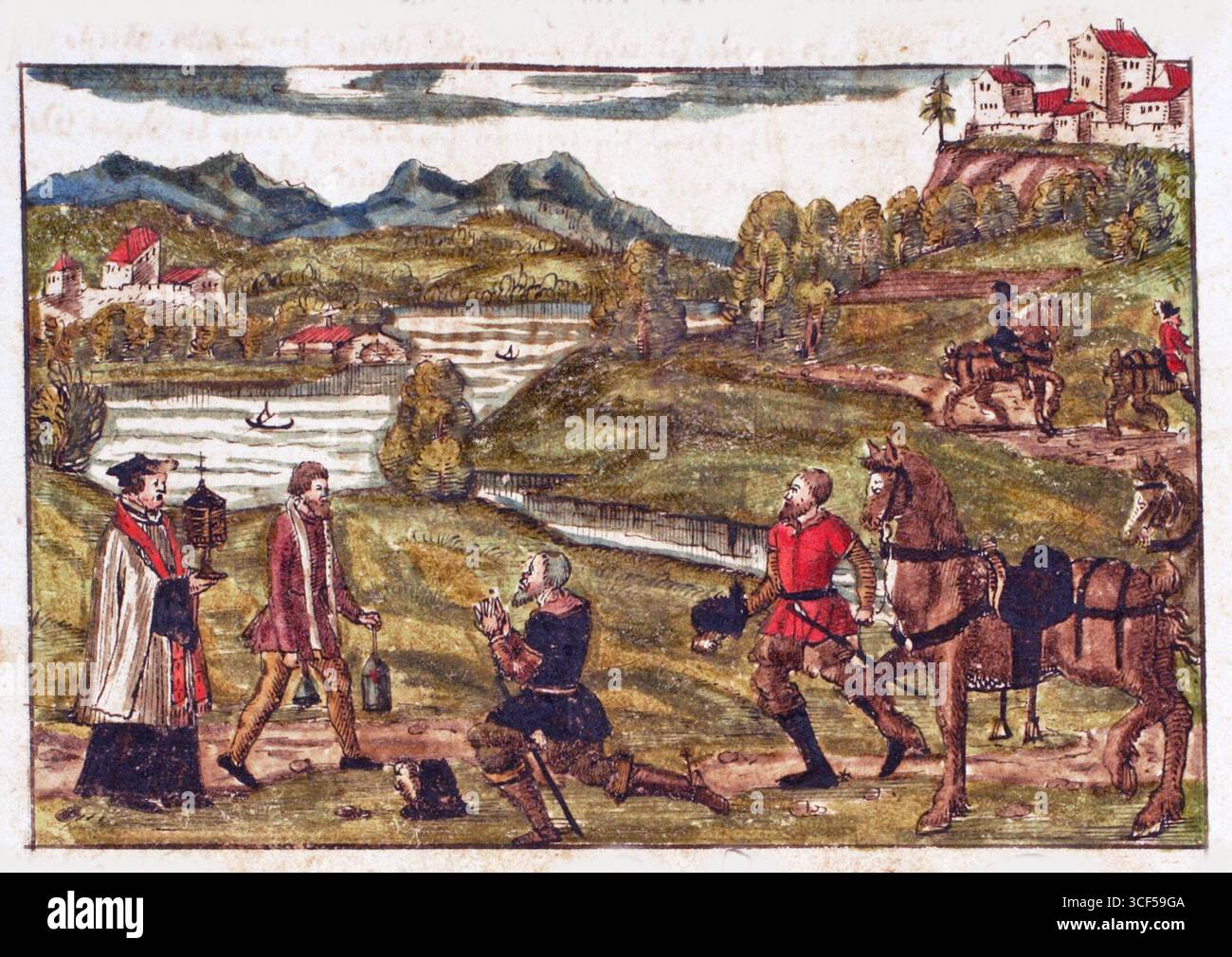 Ein kniender Soldat erhält einen Segen von einem Priester. Illustration einer Codexseite über die Entstehung und Geschichte der Schweizerischen Eidgenossenschaft bis zum 14. Jahrhundert, Stockfoto