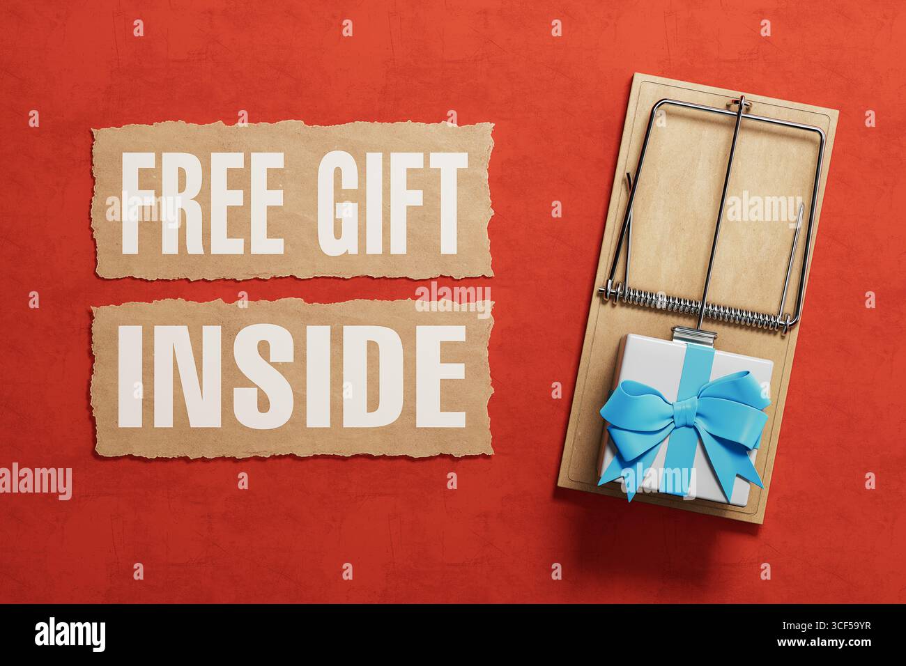 Online-Scam-Konzept. Mausefalle Mit Geschenkbox Und Kostenlosem Geschenk-Innentext Auf Rotem Hintergrund, Der Betrug Und Betrug Symbolisiert. 3D-Rendering Stockfoto