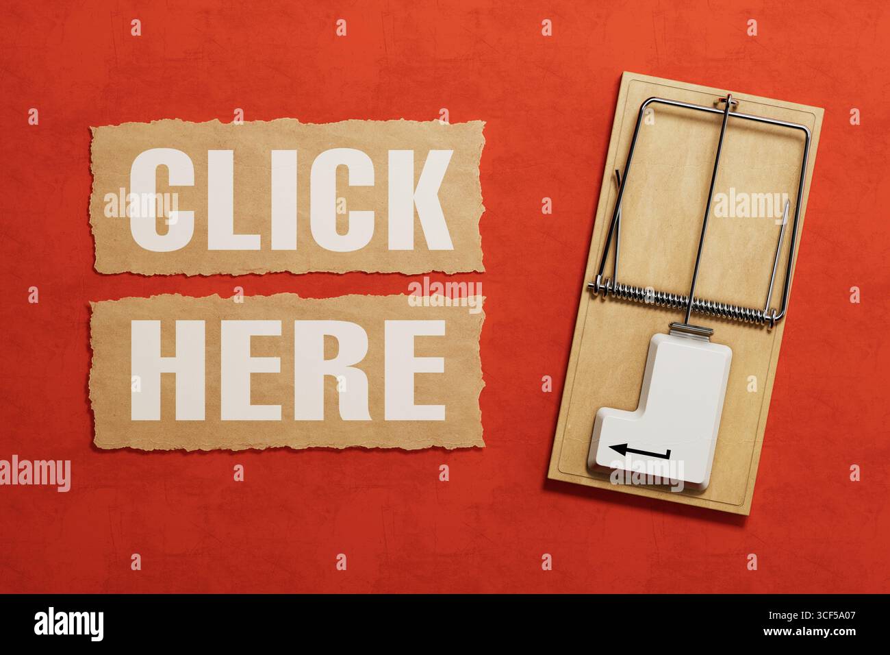 Internet-Scam-Konzept. Computer-Maus-Trap Mit Hier Klicken Text Symbolisiert Online-Betrug Auf Rotem Hintergrund. 3D-Rendering Stockfoto