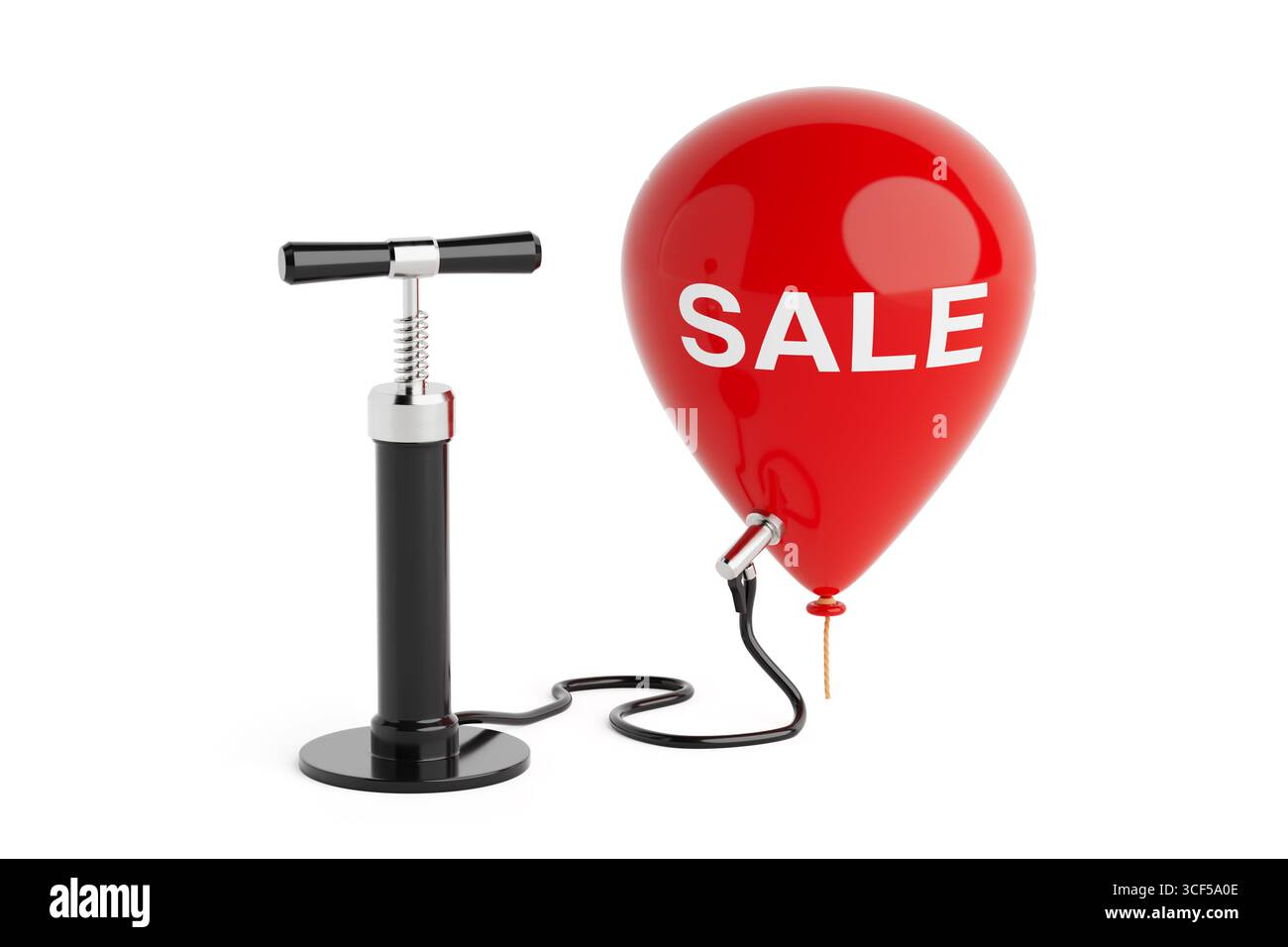 Marketing Promotion-Konzept. Luftpumpe Mit Rotem Ballon Verbunden Mit Verkaufstext Auf Weißem Hintergrund. 3D-Rendering Stockfoto
