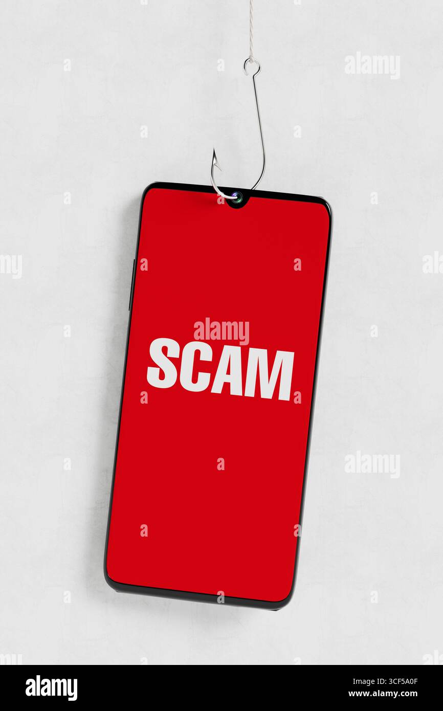 Cybersicherheitsrisiko-Konzept. Smartphone Mit Angelhaken Verbunden, Die Eine Betrugswarnung Auf Rotem Bildschirm Bei Extremer Nahaufnahme Anzeigt. 3D-Rendering Stockfoto