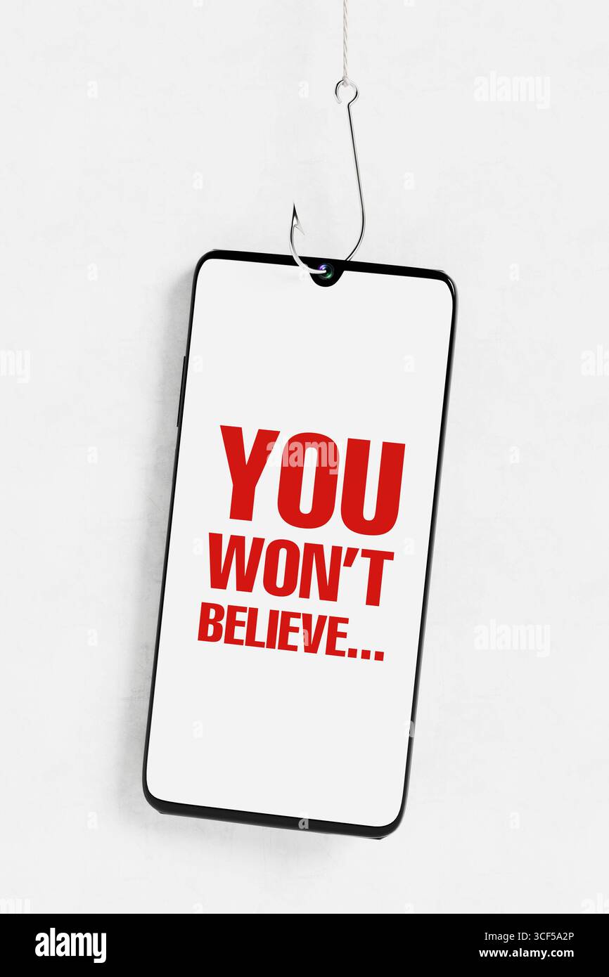 Clickbait Trap-Konzept. Smartphone an Einer Angelschnur angeschlossen, das sensationellen Text auf weißem Hintergrund anzeigt. 3D-Rendering Stockfoto