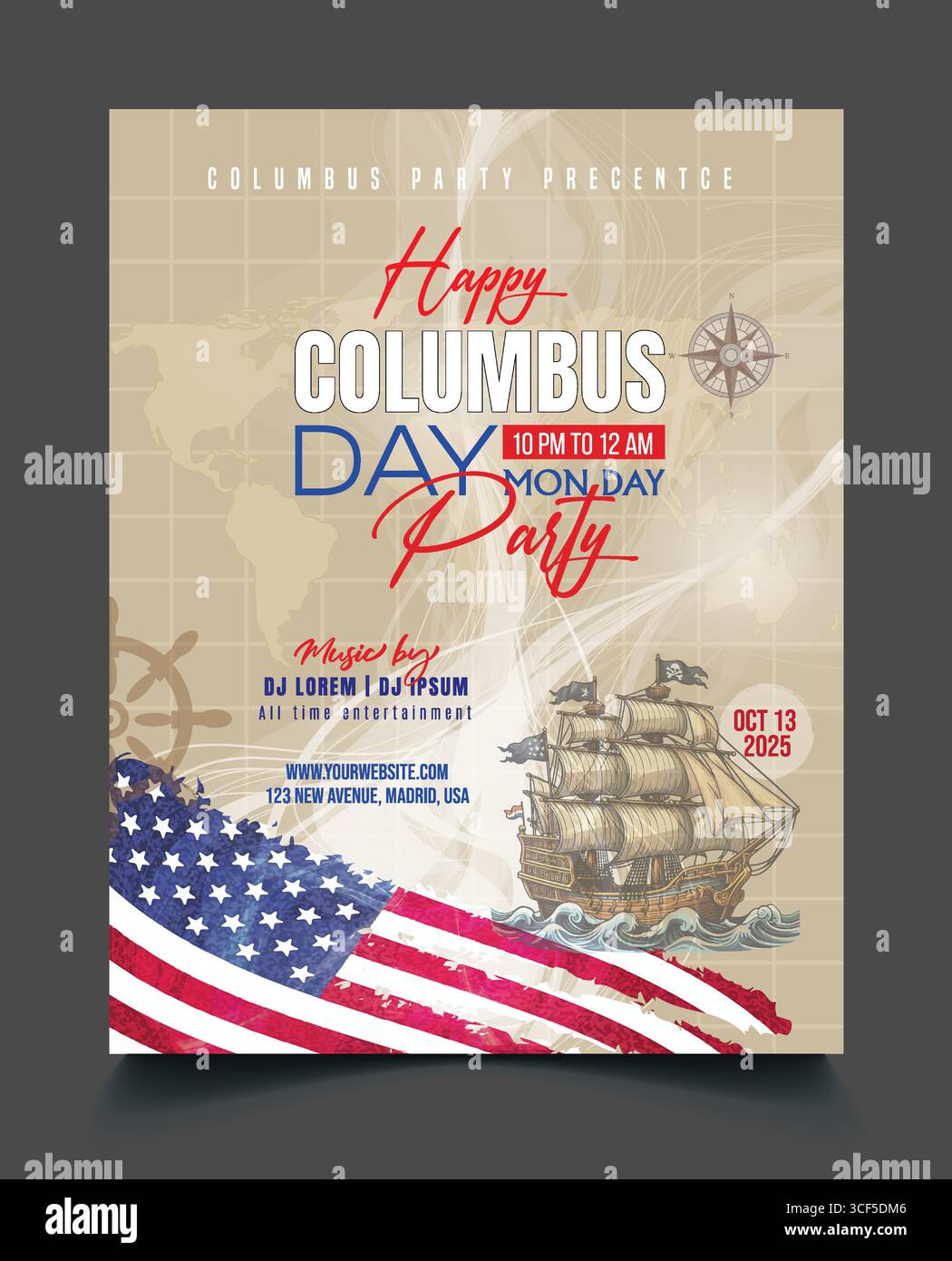 Happy Columbus Day Party Flyer Template Design, 14. Oktober Poster Template with a Ship and US Flag Vector Illustration with Confetti. Stock Vektor