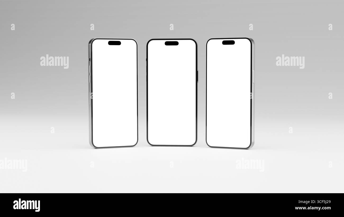 3D-Rendering-Illustration von drei Mobiltelefonen zum Modell. 3 Smartphone-Rahmen mit leerem Bildschirm auf weißem Hintergrund. Für Modell auf Light bac Stockfoto