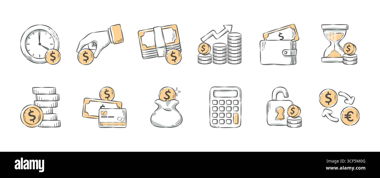 Finanz - und Geschäftsbeziehungen . Hand gezeichnet Icon Zeichentrickillustrierung Sammlung . Satz 2 von 3 . Vektor . Stock Vektor