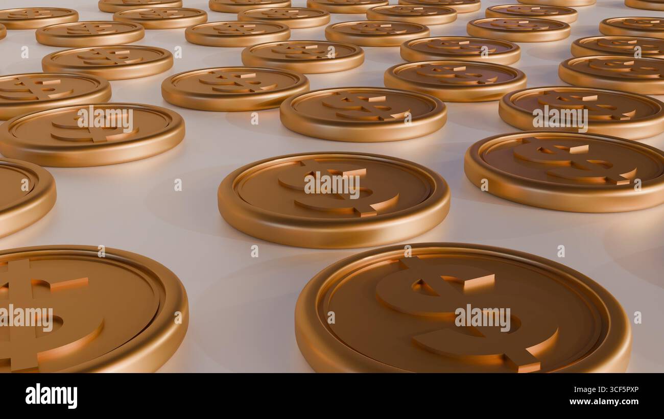 Eine 3D-Darstellung von Goldmünzen, die jeweils mit einem markanten Dollarzeichen geprägt sind, ist in einem Rastermuster angeordnet. Stockfoto
