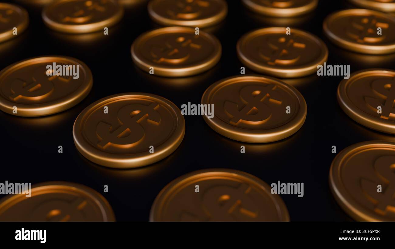 Eine 3D-Darstellung von Goldmünzen, die jeweils mit einem markanten Dollarzeichen geprägt sind, ist in einem Rastermuster angeordnet. Stockfoto