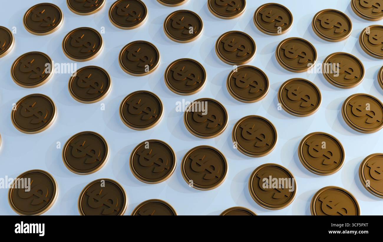 Eine 3D-Darstellung von Goldmünzen, die jeweils mit einem markanten Dollarzeichen geprägt sind, ist in einem Rastermuster angeordnet. Stockfoto